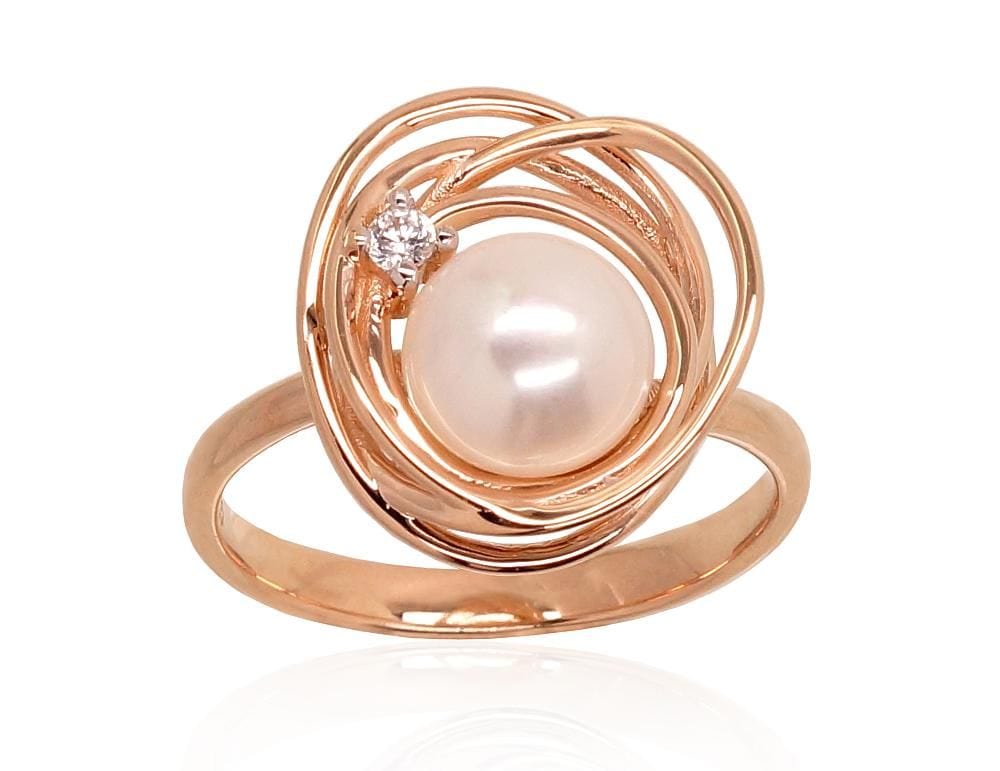 Kuldsõrmus #1100919(Au-R+PRh-W)_CZ+PE, Punane Kuld 585°, roodium (kate) , Tsirkonid , Pärlitest - Premiumkellad