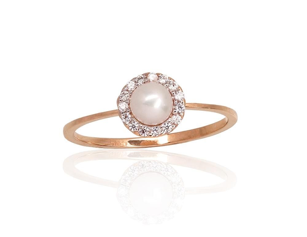 Kuldsõrmus #1100922(Au-R+PRh-W)_CZ+PE, Punane Kuld 585°, roodium (kate) , Tsirkonid , Pärlitest - Premiumkellad