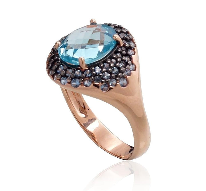 Kuldsõrmus #1100961(Au-R+PRh-Bk)_CZ-LB+TZLB, Punane Kuld 585°, roodium (kate) , Tsirkonid , Taevakarva sinine topaas - Premiumkellad