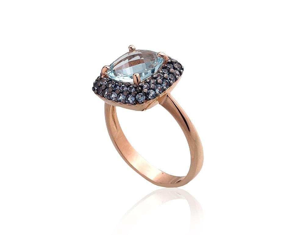 Kuldsõrmus #1100962(Au-R+PRh-Bk)_CZ-LB+TZLB, Punane Kuld 585°, roodium (kate) , Tsirkonid , Taevakarva sinine topaas - Premiumkellad