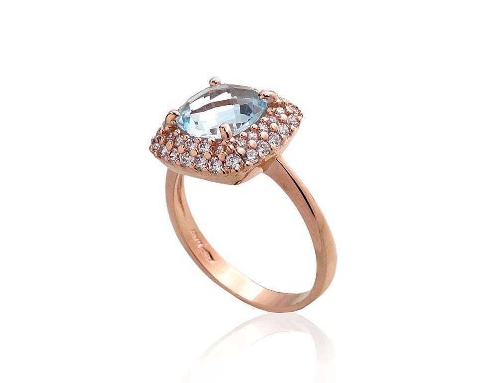 Kuldsõrmus #1100962(Au-R)_CZ+TZLB, Punane Kuld 585°, Tsirkonid , Taevakarva sinine topaas - Premiumkellad