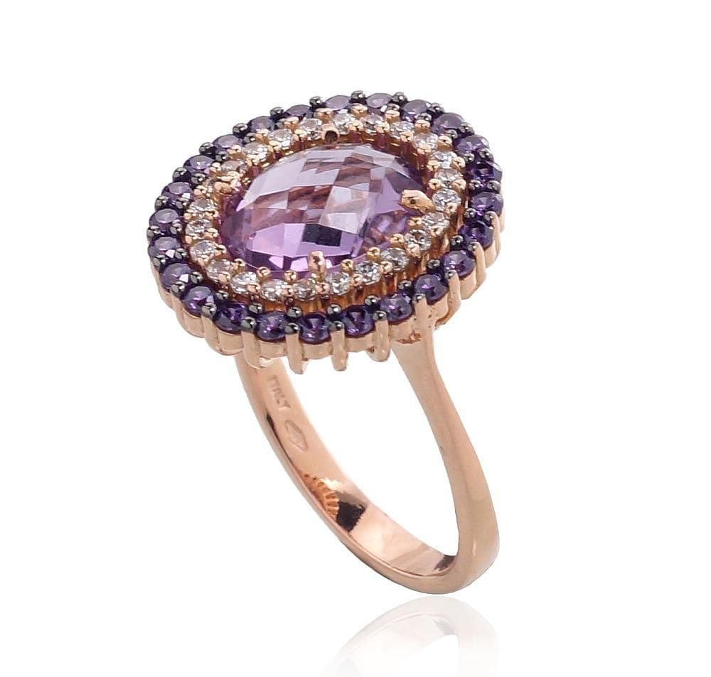 Kuldsõrmus #1100964(Au-R+PRh-Bk)_CZ+CZ-V+AM, Punane Kuld 585°, roodium (kate) , Tsirkonid , Ametüst - Premiumkellad