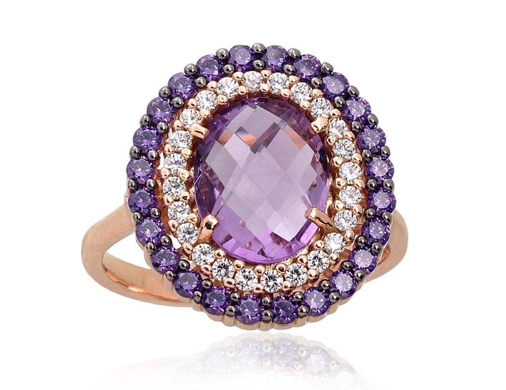 Kuldsõrmus #1100964(Au-R+PRh-Bk)_CZ+CZ-V+AM, Punane Kuld 585°, roodium (kate) , Tsirkonid , Ametüst - Premiumkellad