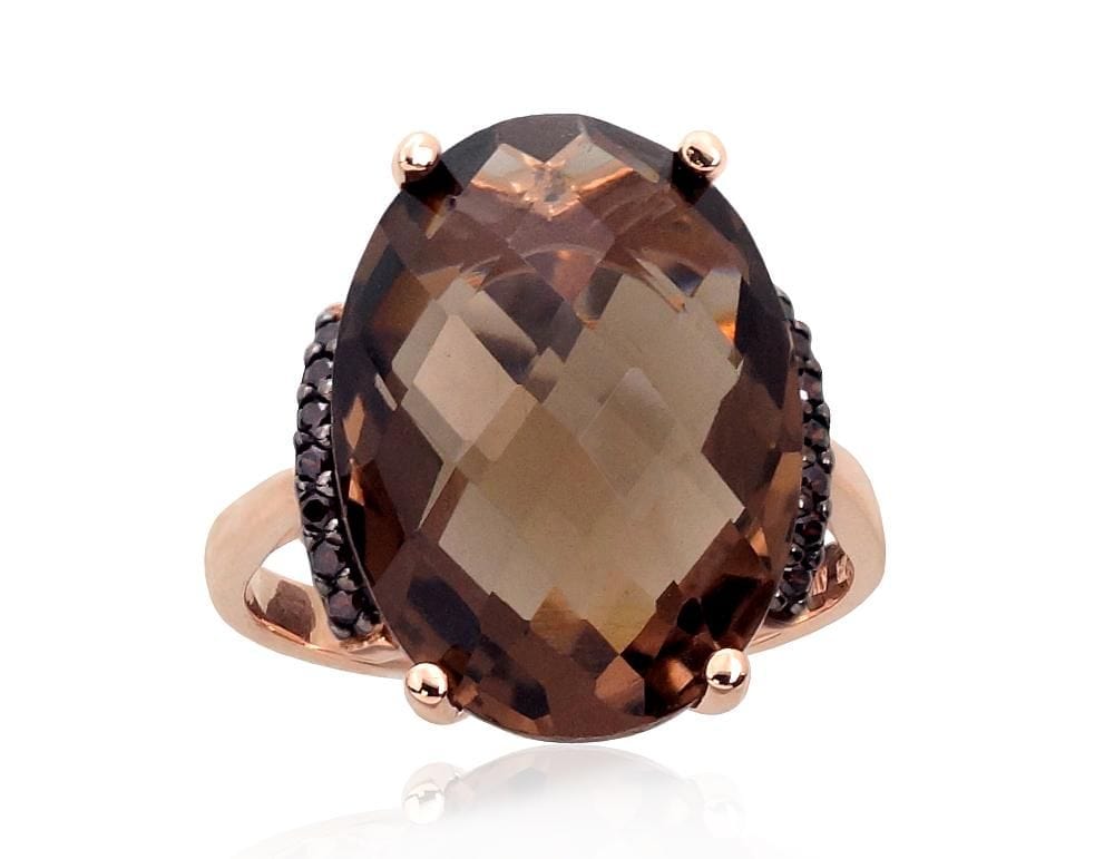 Kuldsõrmus #1100965(Au-R+PRh-Bk)_CZ-BR+KZSM, Punane Kuld 585°, roodium (kate) , Tsirkonid , Suitsukvarts - Premiumkellad