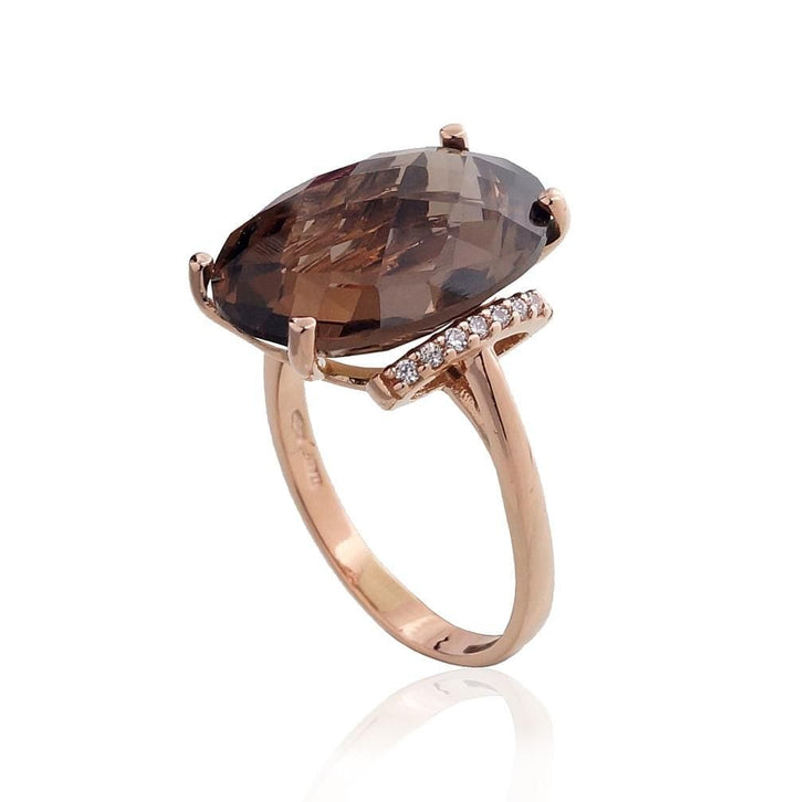 Kuldsõrmus #1100965(Au-R)_CZ+KZSM, Punane Kuld 585°, Tsirkonid , Suitsukvarts - Premiumkellad