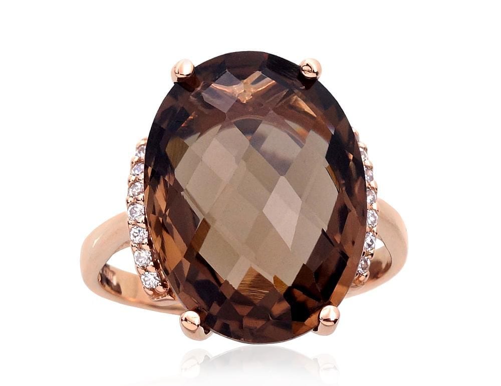 Kuldsõrmus #1100965(Au-R)_CZ+KZSM, Punane Kuld 585°, Tsirkonid , Suitsukvarts - Premiumkellad