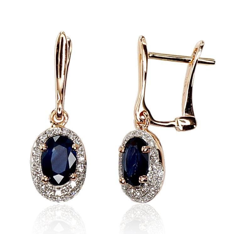 'Inglise' sulguriga kullast kõrvarõngad #1200392(Au-R+PRh-W)_DI+SA, Punane Kuld 585°, roodium (kate) , Briljant , Safiir - Premiumkellad