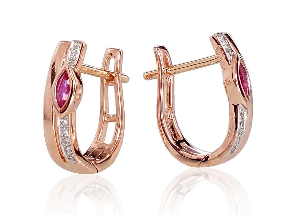 'Inglise' sulguriga kullast kõrvarõngad #1200713(Au-R+PRh-W)_DI+RB, Punane Kuld 585°, roodium (kate) , Briljant , Rubiin - Premiumkellad