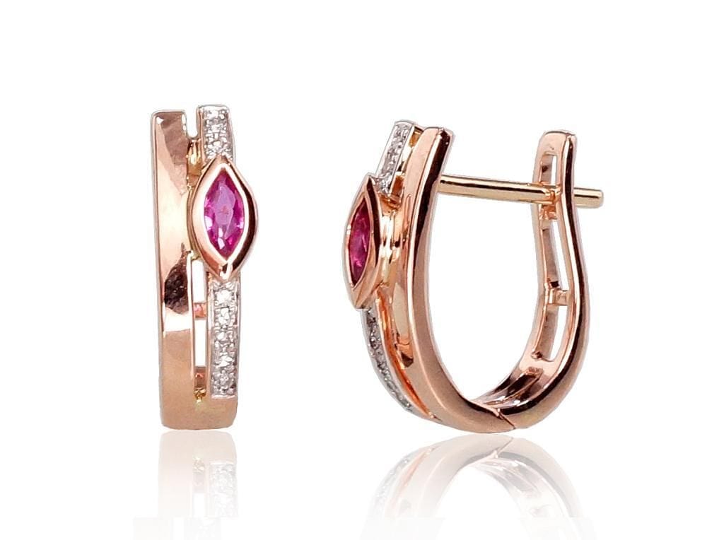 'Inglise' sulguriga kullast kõrvarõngad #1200713(Au-R+PRh-W)_DI+RB, Punane Kuld 585°, roodium (kate) , Briljant , Rubiin - Premiumkellad