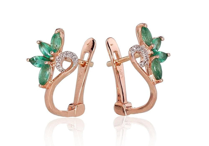 'Inglise' sulguriga kullast kõrvarõngad #1200717(Au-R+PRh-W)_DI+EM, Punane Kuld 585°, roodium (kate) , Briljant , Smaragd - Premiumkellad