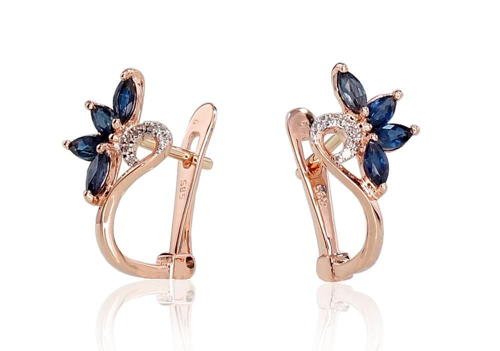 'Inglise' sulguriga kullast kõrvarõngad #1200717(Au-R+PRh-W)_DI+SA, Punane Kuld 585°, roodium (kate) , Briljant , Safiir - Premiumkellad