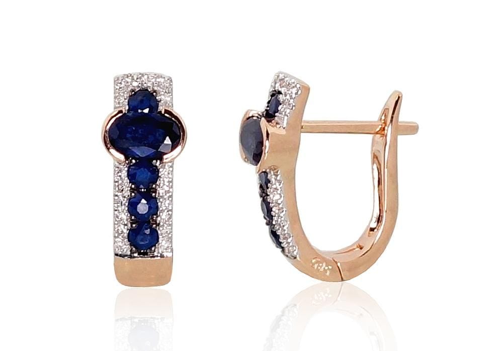 'Inglise' sulguriga kullast kõrvarõngad #1200971(Au-R+PRh-W+PRh-Bk)_DI+SA, Punane Kuld 585°, roodium (kate) , Briljant , Safiir - Premiumkellad