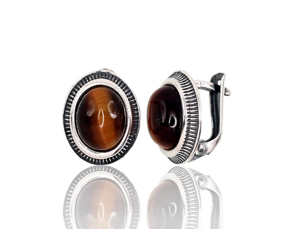 'Inglise' sulguriga hõbekõrverõngad #2202857(POx-Bk)_TE, Hõbe 925°, oksüüd (kate), Tiigrisilm - Premiumkellad