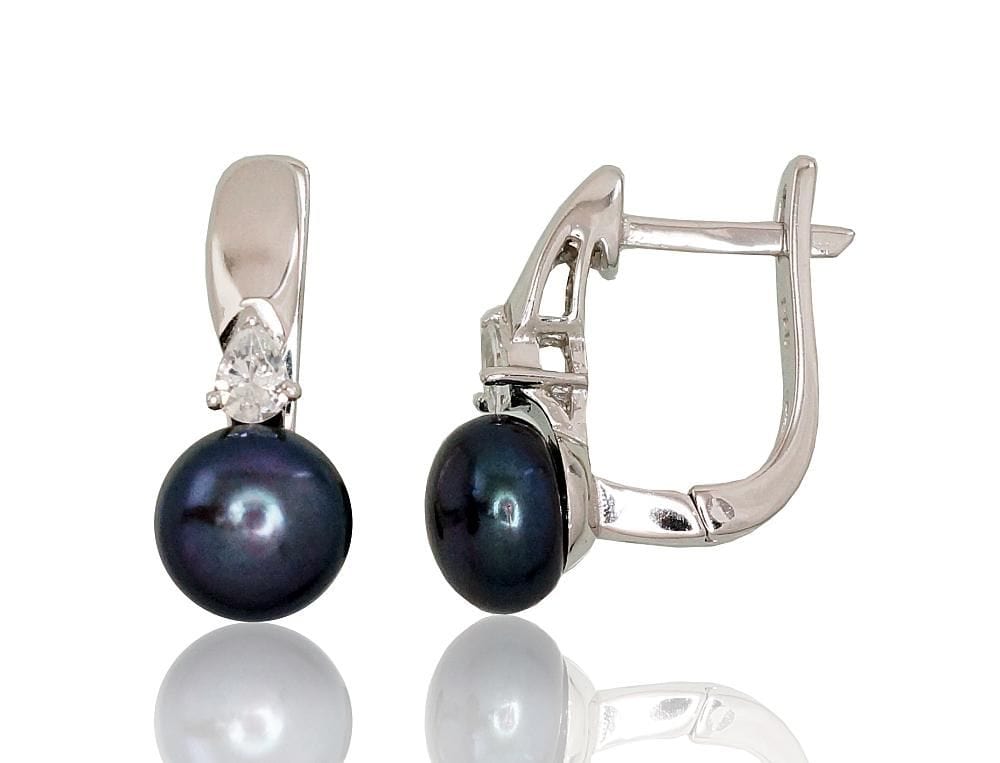 'Inglise' sulguriga hõbekõrverõngad #2202918(PRh-Gr)_CZ+PE-BK, Hõbe 925°, roodium (kate), Tsirkonid , Pärlitest - Premiumkellad