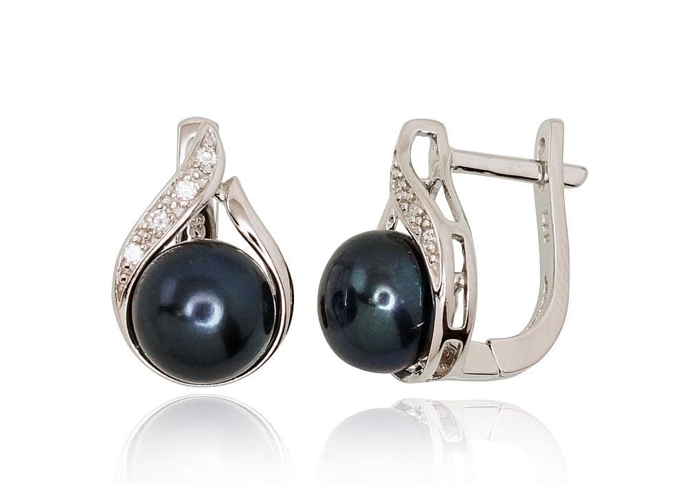 'Inglise' sulguriga hõbekõrverõngad #2202926(PRh-Gr)_CZ+PE-BK, Hõbe 925°, roodium (kate), Tsirkonid , Pärlitest - Premiumkellad