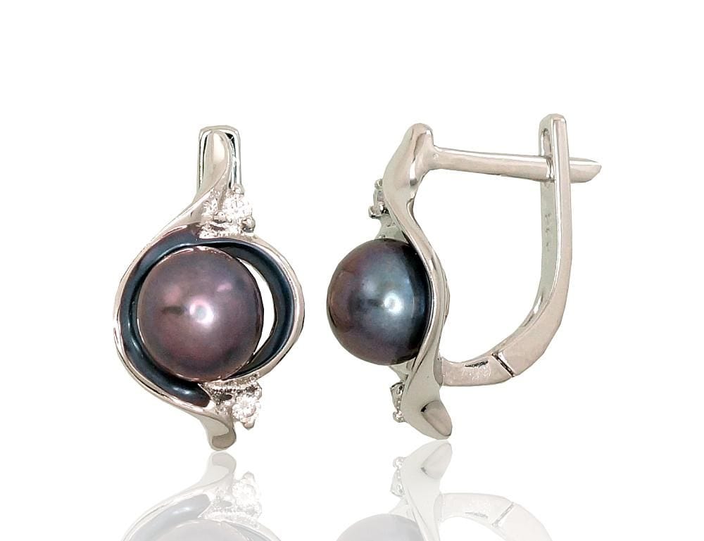 'Inglise' sulguriga hõbekõrverõngad #2202929(PRh-Gr)_CZ+PE-BK, Hõbe 925°, roodium (kate), Tsirkonid , Pärlitest - Premiumkellad