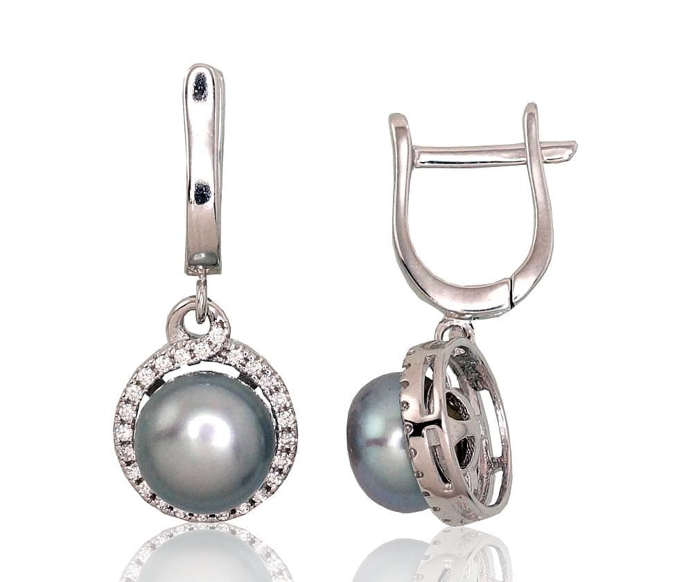 'Inglise' sulguriga hõbekõrverõngad #2202931(PRh-Gr)_CZ+PE-GR, Hõbe 925°, roodium (kate), Tsirkonid , Pärlitest - Premiumkellad