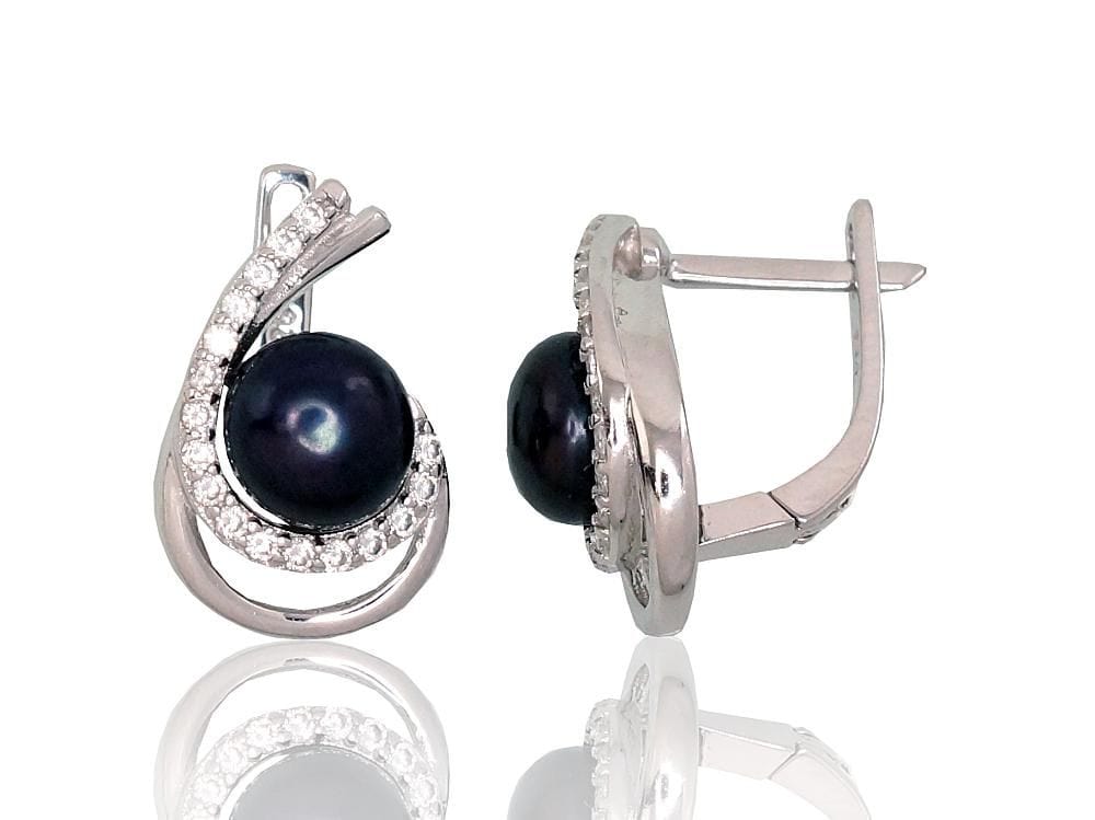 'Inglise' sulguriga hõbekõrverõngad #2202932(PRh-Gr)_CZ+PE-BK, Hõbe 925°, roodium (kate), Tsirkonid , Pärlitest - Premiumkellad