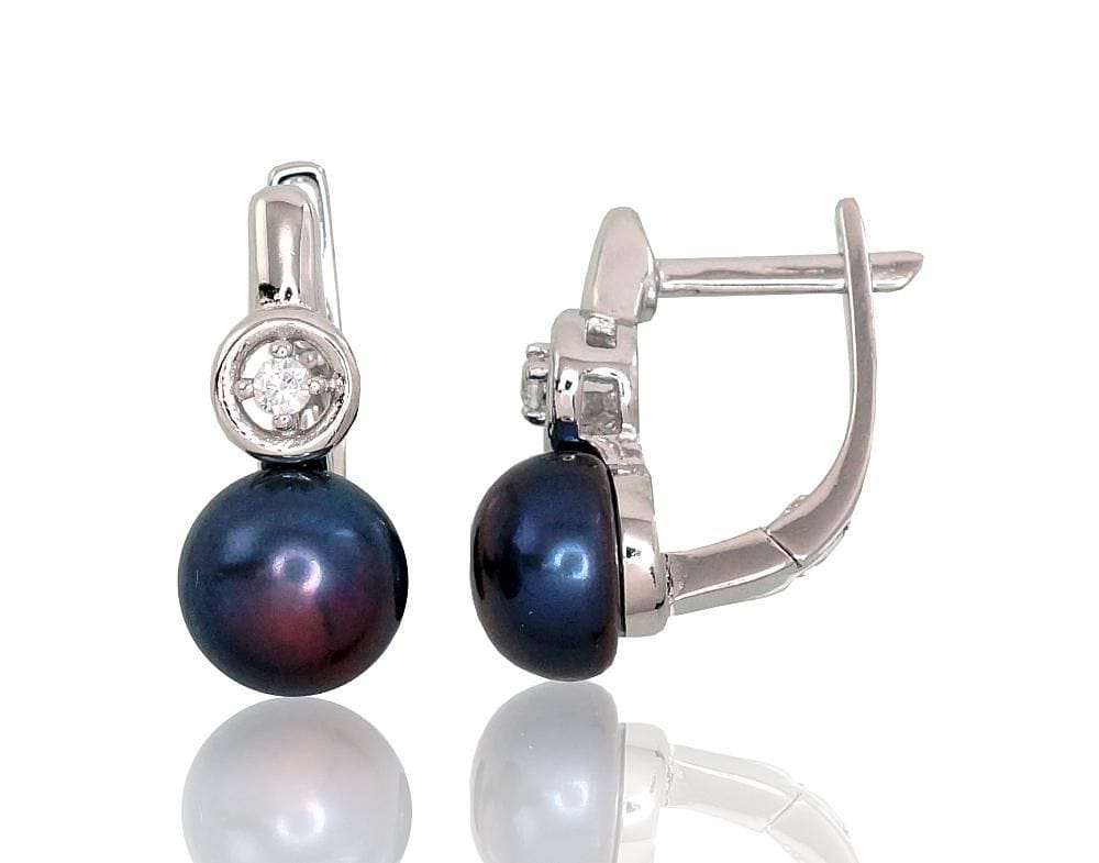 'Inglise' sulguriga hõbekõrverõngad #2202936(PRh-Gr)_CZ+PE-BK, Hõbe 925°, roodium (kate), Tsirkonid , Pärlitest - Premiumkellad