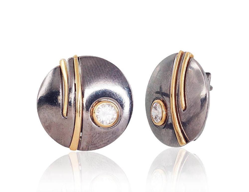 'Inglise' sulguriga hõbekõrverõngad #2203055(PRh-Bk+PAu-Y)_CZ, Hõbe 925°, roodium (kate)/, kollane kuld (kate), Tsirkonid - Premiumkellad